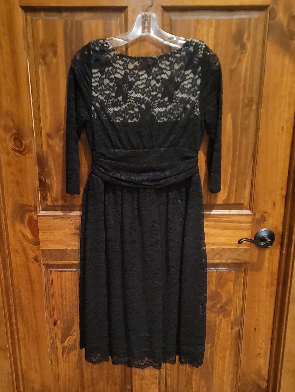 Black Lace Midi Dress with Sheer Yoke and Three-Quarter Sleeves